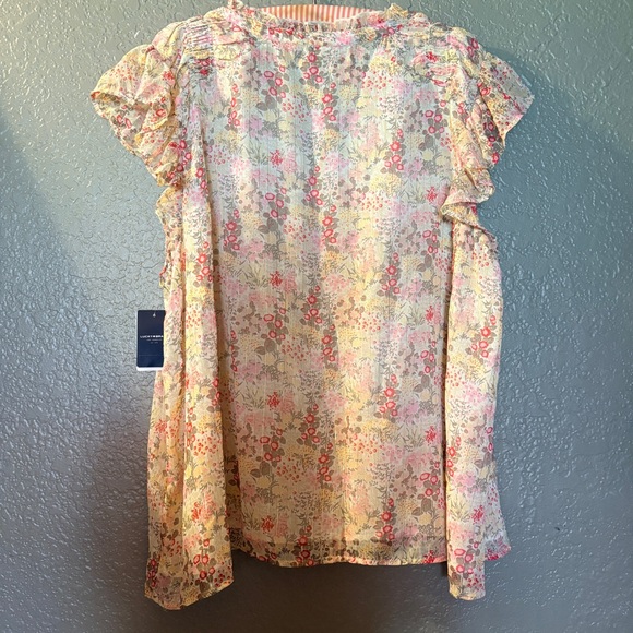NWT Lucky Brand Floral V-Neck Short Sleeve Blouse Pink Cream Size Large - Picture 7 of 9